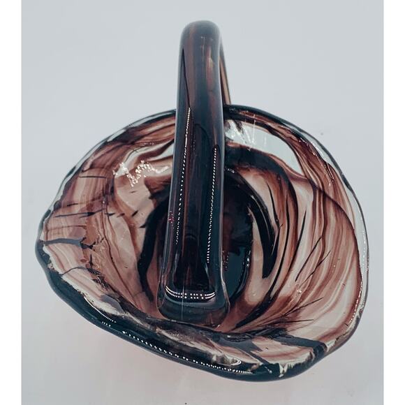 Murano Style Art Glass Candy Basket Dish Brown Clear Handle Hand Blown Collect - Picture 4 of 8